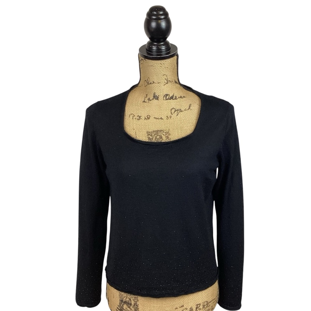 Made in Italy Cashmere Silk Sweater Scoop Neck Embellished L/S Black